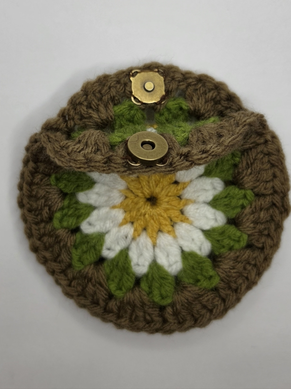 Handmade Crocheted Floral Coin Pouch in Brown, Green, White, Yellow
